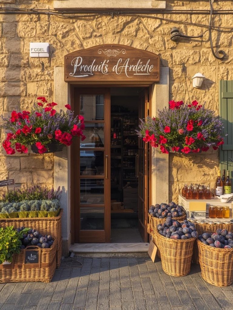 Devanture d’une boutique de produits locaux en Ardèche, mettant en avant le terroir et l’artisanat pour les clients de la location courte durée à vallon pont d'arc et alentours.
