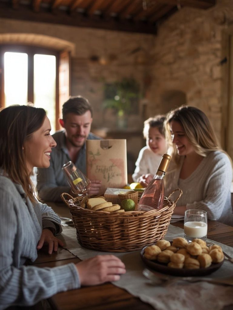 Groupe de voyageurs de location saisonnière vallon pont d'arc, assis autour d’une table avec un panier de produits locaux en Ardèche